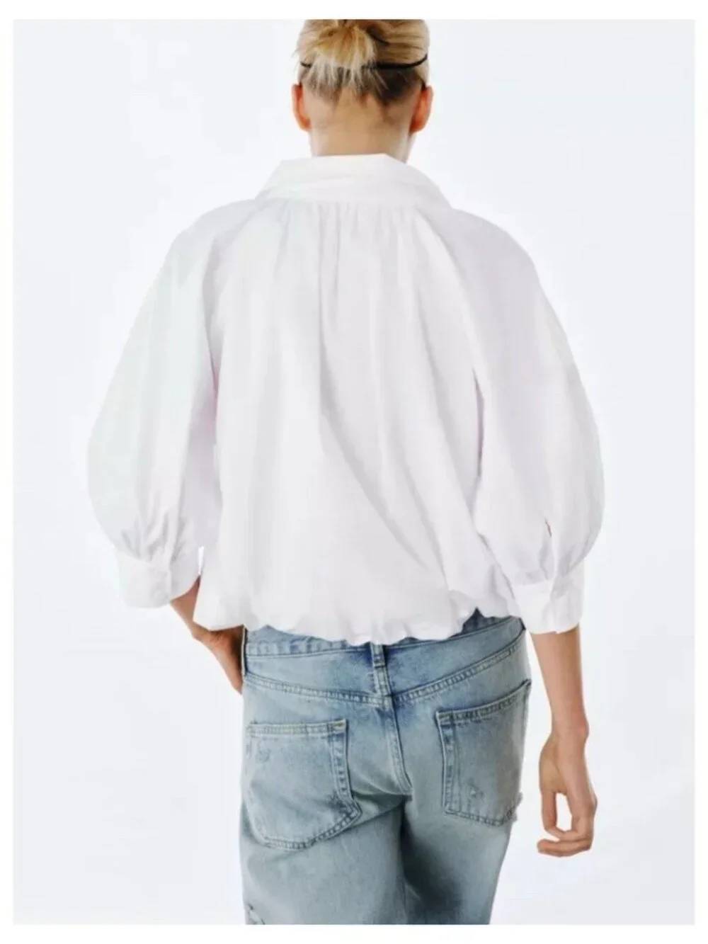 Zara White Puff Sleeve Button Down Collared Top Cotton Modest Preppy Minimalist